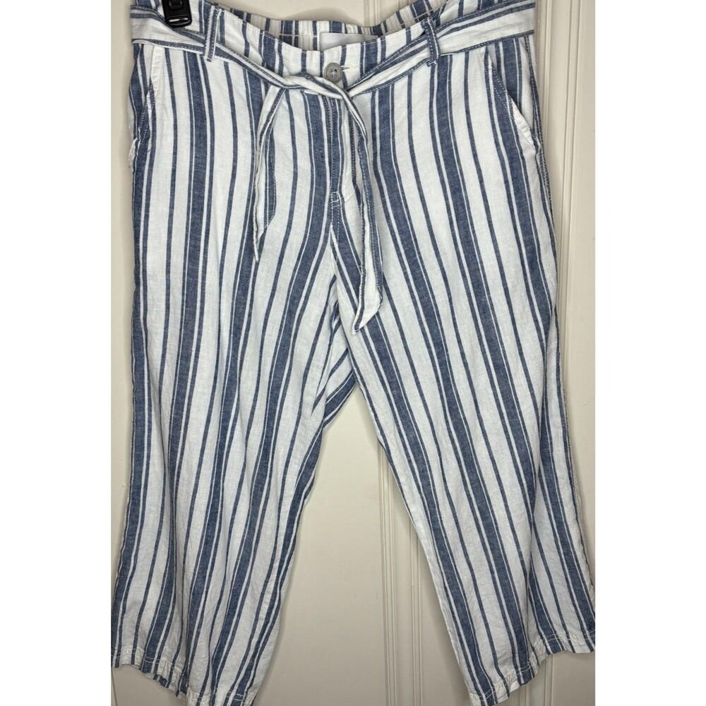 Blue & White Linen Cotton Crop Wide Leg Pant Sz 10 Elastic Waist Classic Coastal